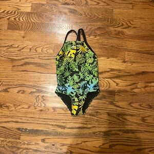 adidas Kids Green and Yellow Leaf Print Swimsuit